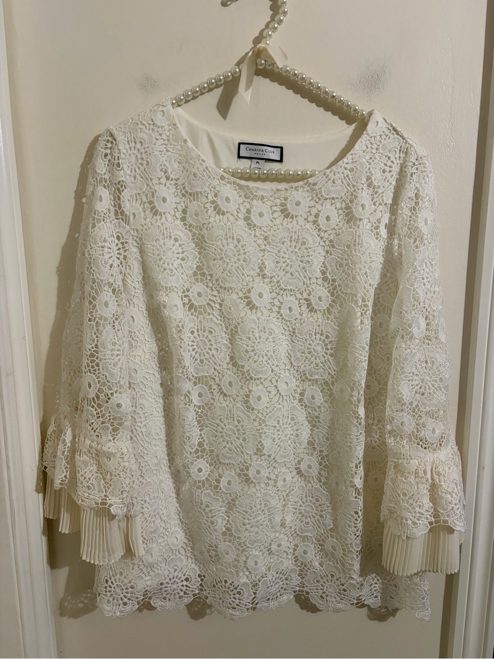 Charter Club Ivory Crochet Lace Bell-Sleeve Blouse